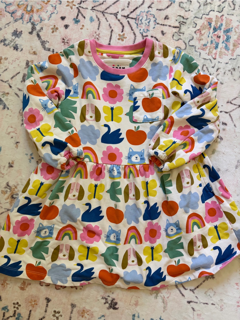Mini Boden White Dress with Bright Multi-Color Animal & Rainbow Print